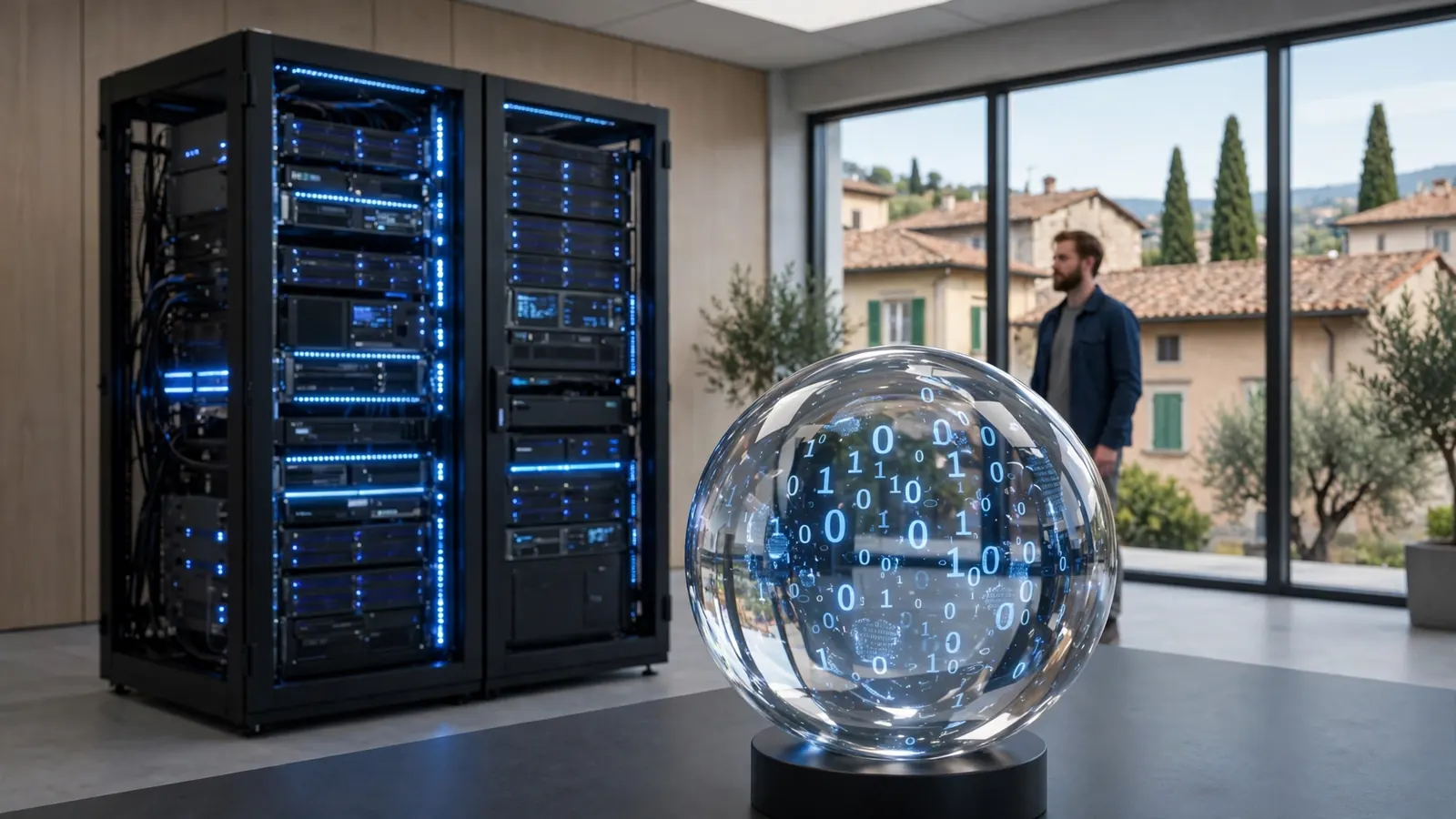 Sala server con chip da casinò e algoritmo casuale